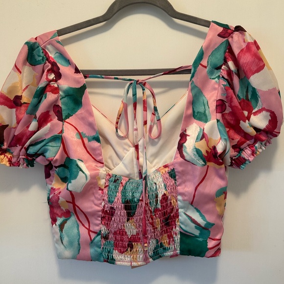 Pink Floral Puff Sleeve Crop Top Tie Back V-Neck Cottagecore Coquette Blouse - Picture 5 of 10